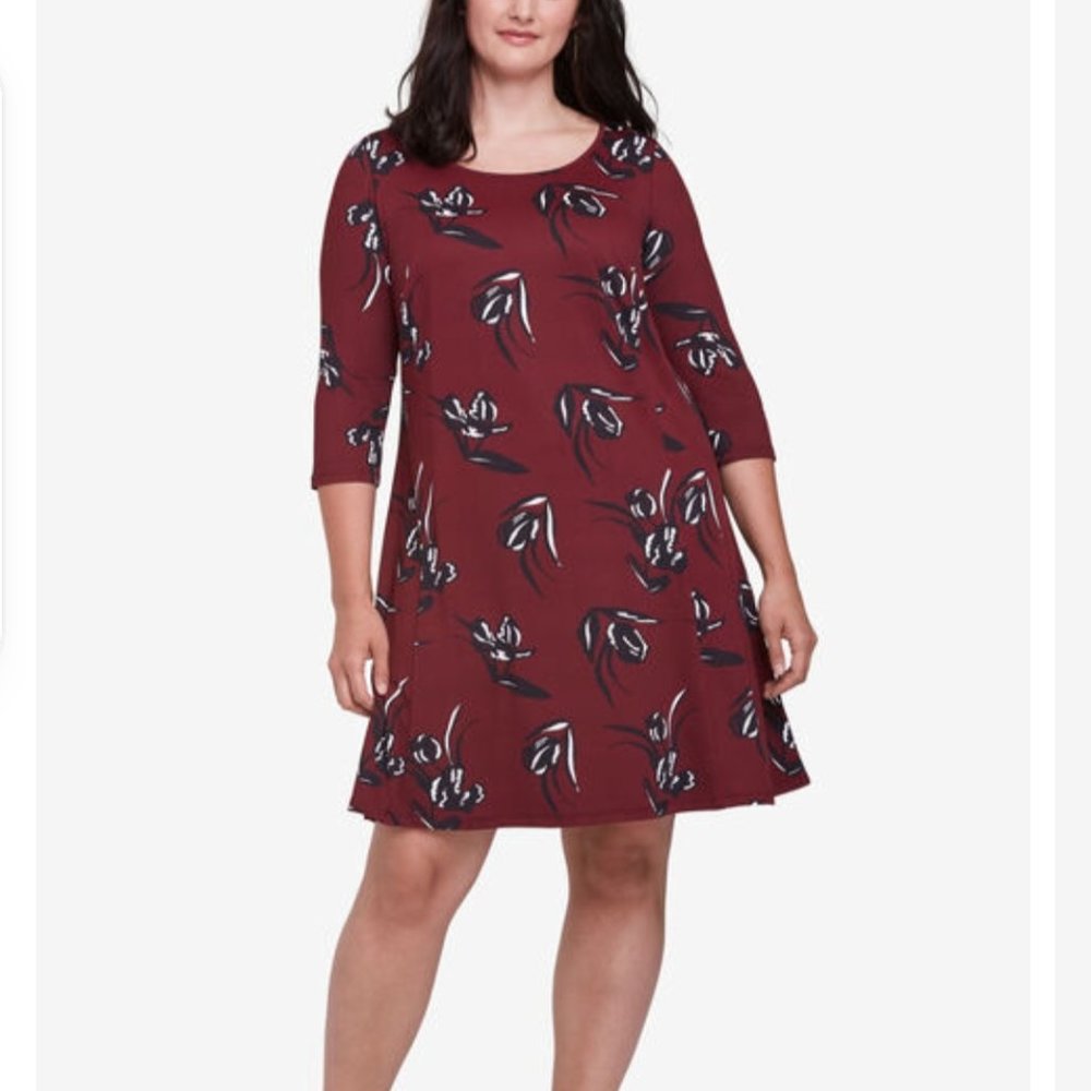 NWOT Ellos Madison 3/4 Sleeve Dress 2X A-line Deep Wine Black Floral